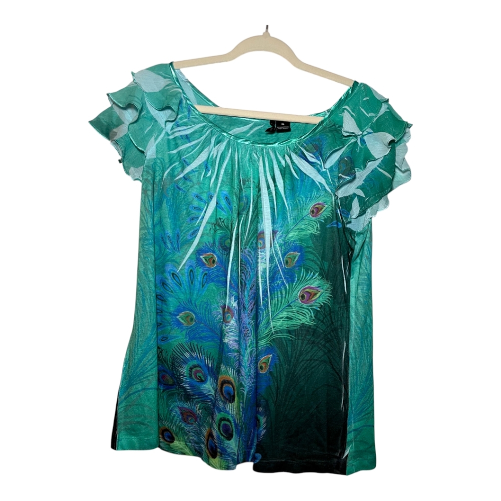 New Directions Peacock Print Ruffle Short Sleeve Blouse Women's XL